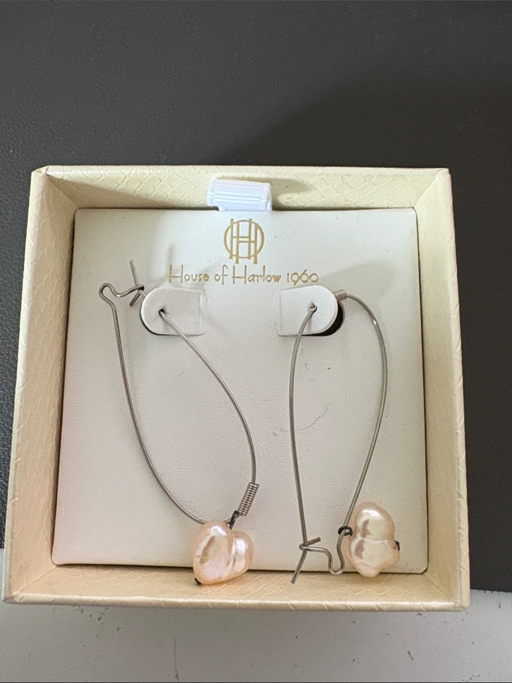 House of Harlow 1960 Silver Wire Earrings with Pale Pink Baroque Pearls